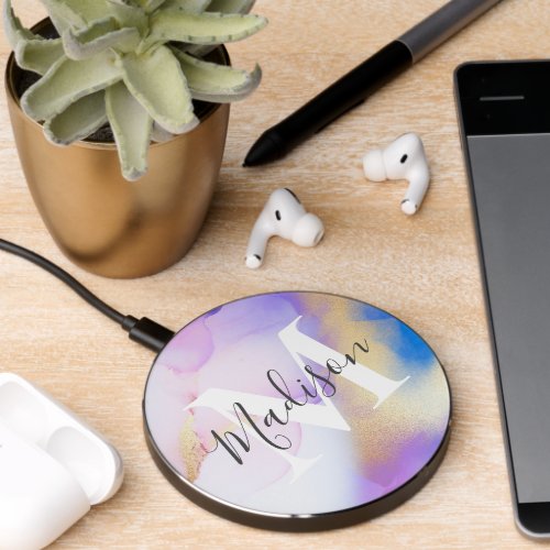 Personalized Name Monogram Purple Watercolor Glam Wireless Charger