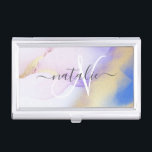 Personalized Name Monogram Purple Watercolor Luxe Business Card Case<br><div class="desc">Easily personalize this glamorous style abstract lilac watercolor paint and faux gold spray background with your custom details.</div>