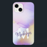 Personalized Name Monogram Purple Watercolor Luxe Case-Mate iPhone 14 Case<br><div class="desc">Easily personalize this glamorous style abstract lilac watercolor paint and faux gold spray background with your custom details.</div>
