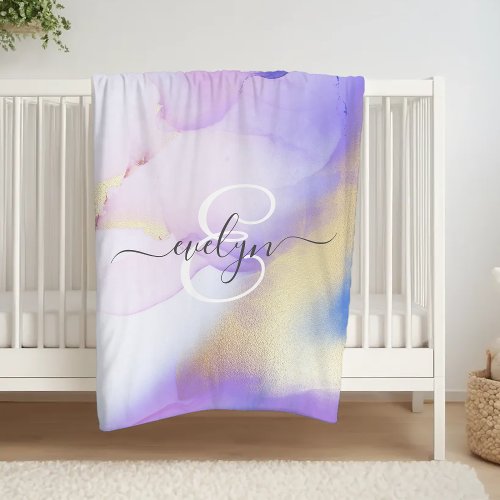 Personalized Name Monogram Purple Watercolor Luxe Fleece Blanket