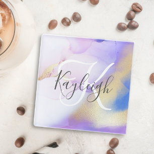 Personalized Name Monogram Purple Watercolor Luxe Glass Coaster
