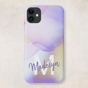 Personalized Name Monogram Purple Watercolor Luxe iPhone 14 Case