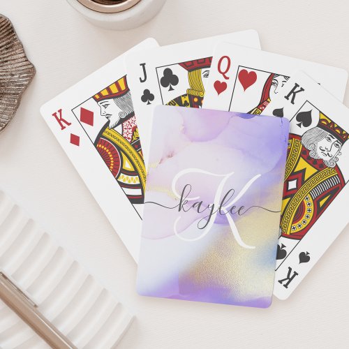 Personalized Name Monogram Purple Watercolor Luxe Playing Cards