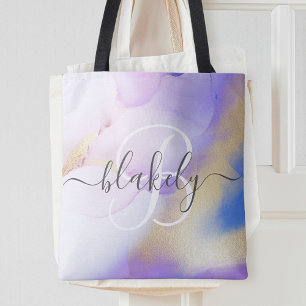 Personalized Name Monogram Purple Watercolor Tote Bag