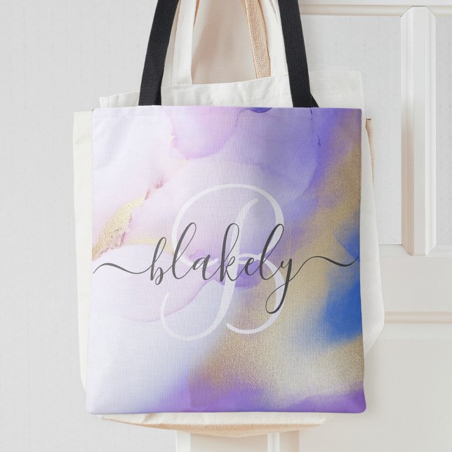 Personalized Name Monogram Purple Watercolor Tote Bag (Creator Uploaded)