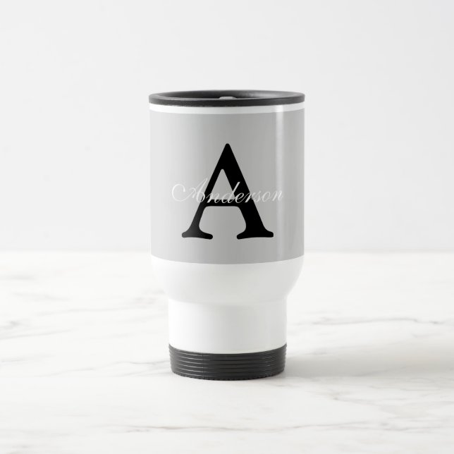 Personalized Name Monogram Silver Background Travel Mug (Center)