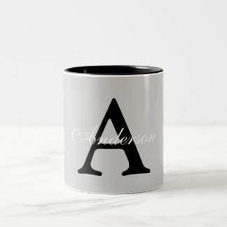 Personalized Name Monogram Silver Background Two-Tone Coffee Mug