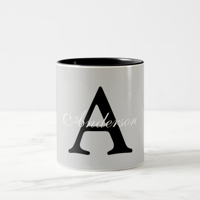 Personalized Name Monogram Silver Background Two-Tone Coffee Mug (Center)