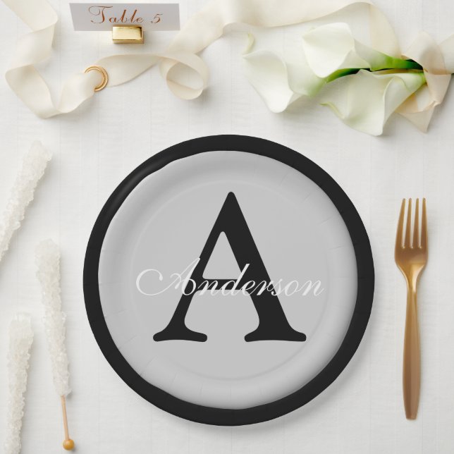 Personalized Name Monogram Silver Metallic Button  Paper Plates (Wedding)