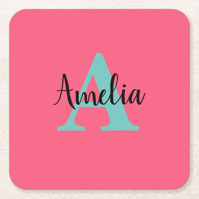 Personalized Name Monogram  Square Paper Coaster (Front)