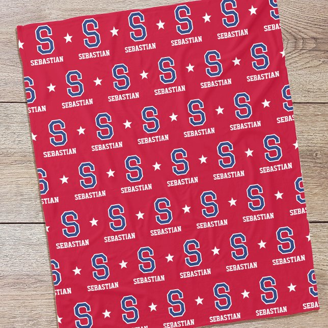 Personalized Name Monogram Star Crimson Navy Fleece Blanket (Creator Uploaded)