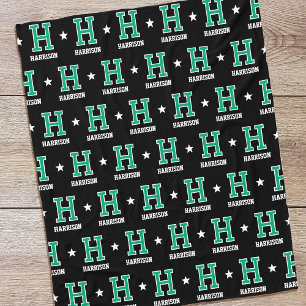 Personalized Name Monogram Star Green Black Fleece Blanket