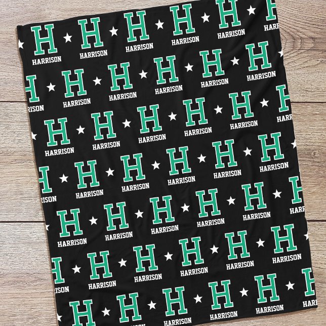 Personalized Name Monogram Star Green Black Fleece Blanket (Creator Uploaded)