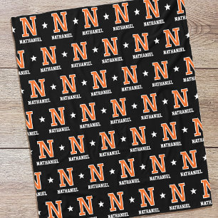 Personalized Name Monogram Star Orange Black Fleece Blanket