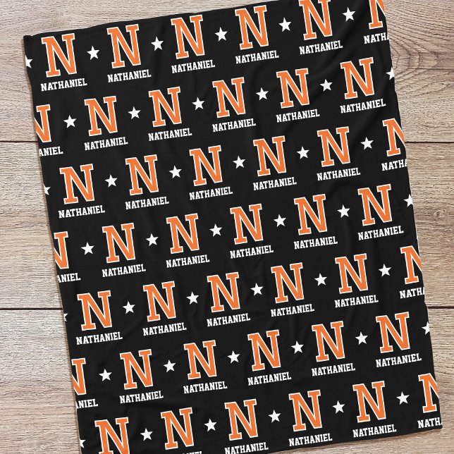 Personalized Name Monogram Star Orange Black Fleece Blanket (Creator Uploaded)