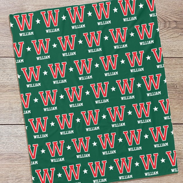Personalized Name Monogram Star Red Green Fleece Blanket (Creator Uploaded)