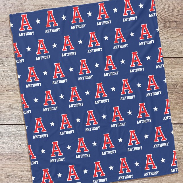 Personalized Name Monogram Star Red Navy Fleece Blanket (Creator Uploaded)