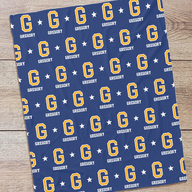 Personalized Name Monogram Star Yellow Navy Fleece Blanket (Creator Uploaded)