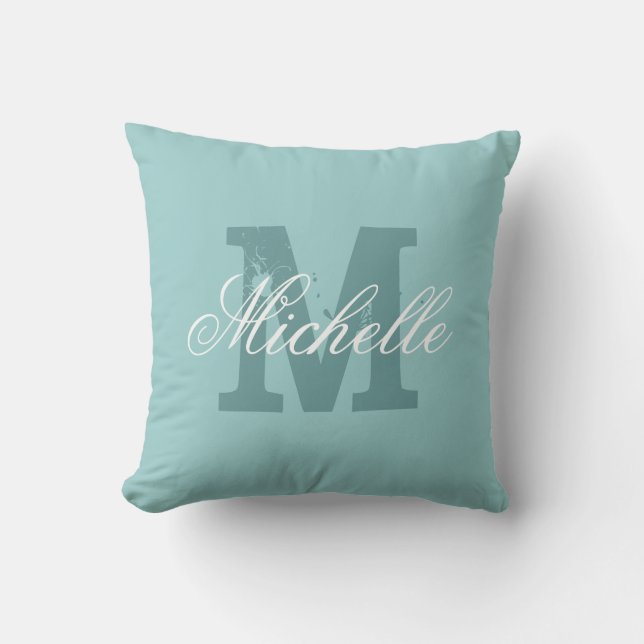 Personalized name monogram teal blue throw pillow (Front)