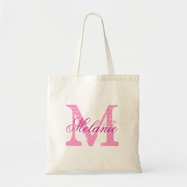Personalized name monogram tote bag in pink (Front)