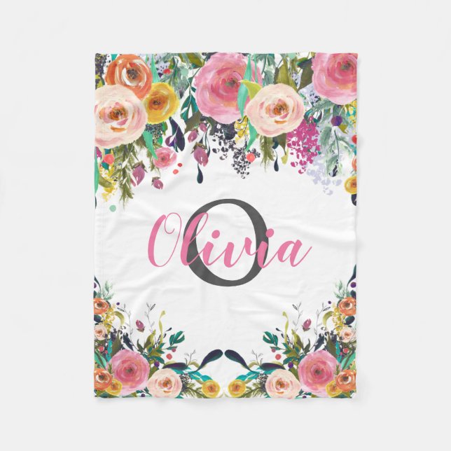 Personalized Name Monogram Watercolor Floral Fleece Blanket (Front)
