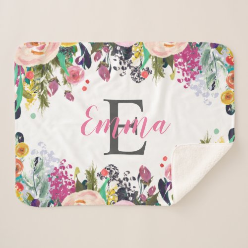Personalized Name Monogram Watercolor Floral Sherpa Blanket