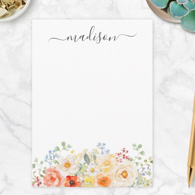 Personalized Name Monogram Watercolor Sunny Floral Note Card (Creator Uploaded)