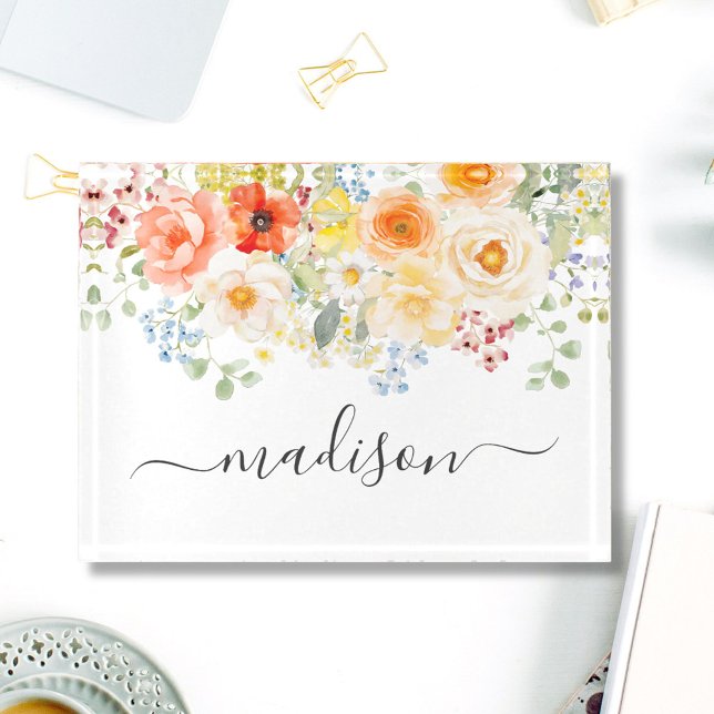 Personalized Name Monogram Watercolor Sunny Floral Paperweight (Creator Uploaded)