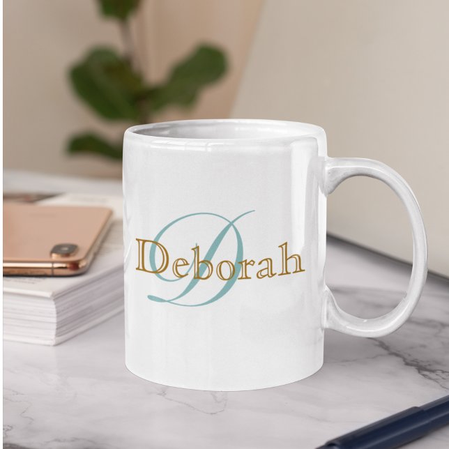 Personalized Name Monogram White Coffee Mug (💙 every day is coffee day 💙)