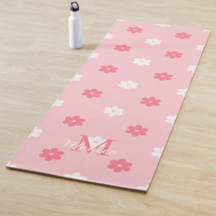 Personalized name monogram white pink floral  yoga mat