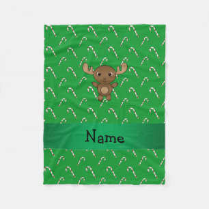Personalized name moose green candy canes fleece blanket