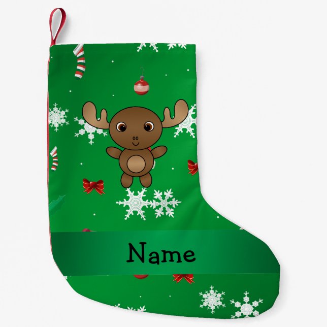 Personalized name moose green christmas pattern small christmas stocking (Front)