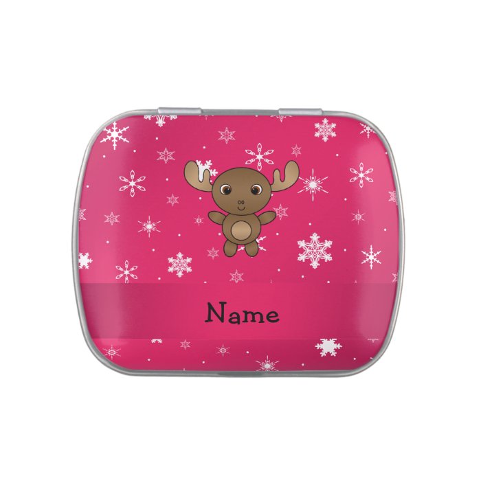 Personalized name moose pink snowflakes candy tins