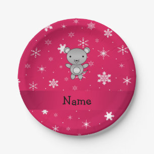 Personalized name mouse pink snowflakes paper plates
