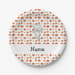 Personalized name mummy orange pumpkins paper plates