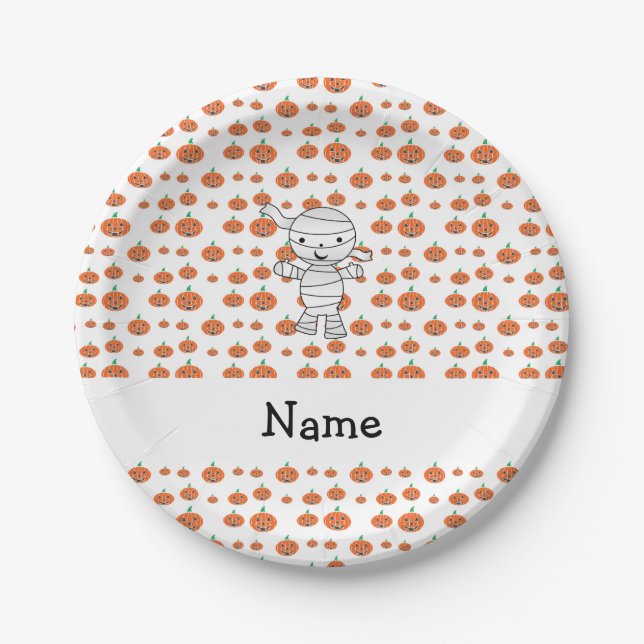 Personalized name mummy orange pumpkins paper plates (Front)