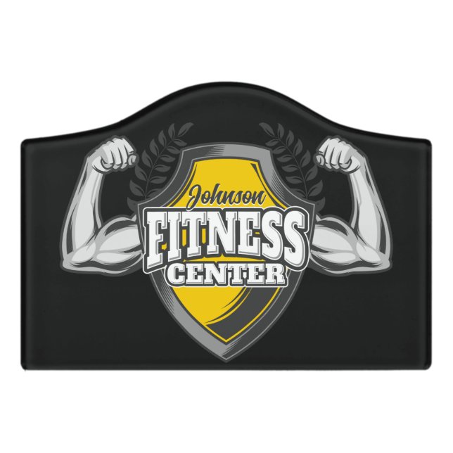 Personalized NAME Muscle Fitness Trainer Gym Door Sign (Small Crest Front)
