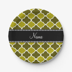 Personalized name mustard yellow quatrefoil paper plates