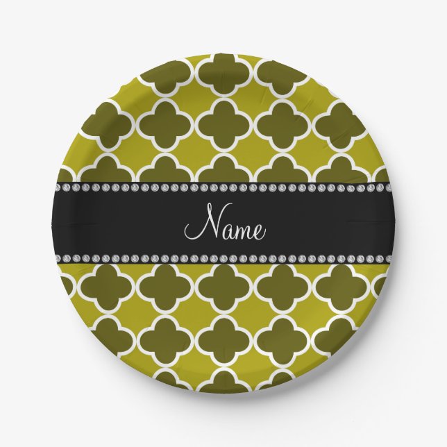 Personalized name mustard yellow quatrefoil paper plates (Front)