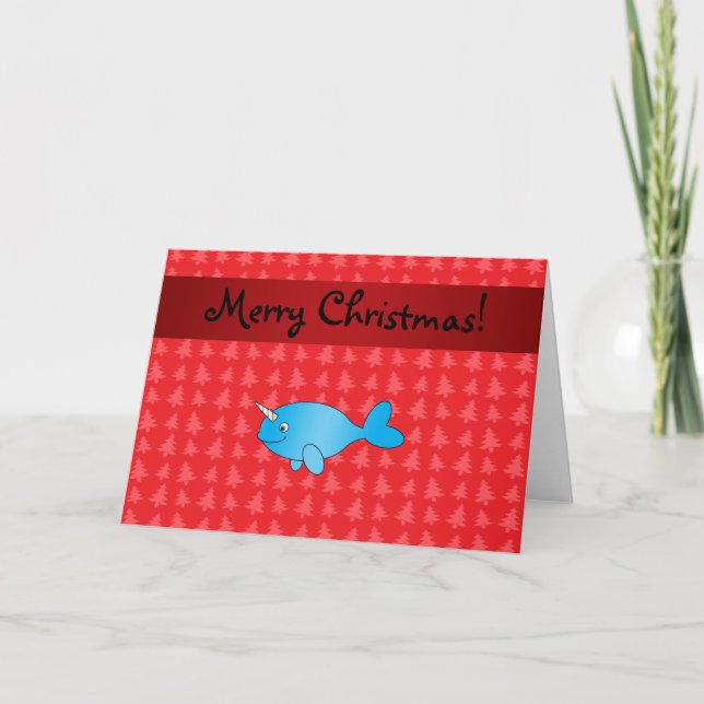 Personalized name narwhal red christmas trees holiday card (Front)