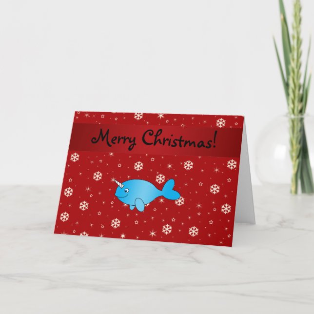 Personalized name narwhal red snowflakes holiday card (Front)