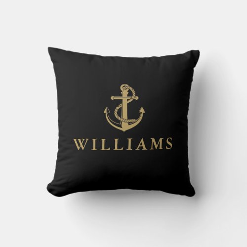 Personalized Name Nautical Anchor Black And Gold Throw Pillow