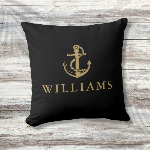 Personalized Name Nautical Anchor Black And Gold Throw Pillow