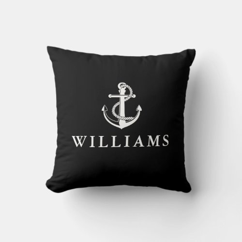 Personalized Name Nautical Anchor Black And White Throw Pillow