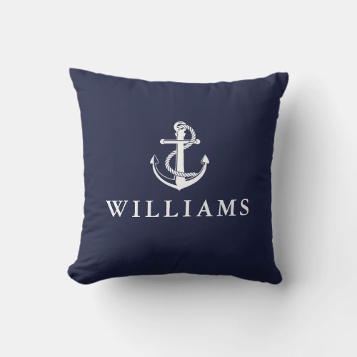 Personalized Name Nautical Anchor Navy Blue Throw Pillow