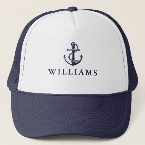 Personalized Name Nautical Boat Anchor Navy Blue Trucker Hat