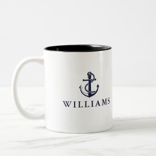 Personalized Name Nautical Boat Anchor Navy Blue Two_Tone Coffee Mug