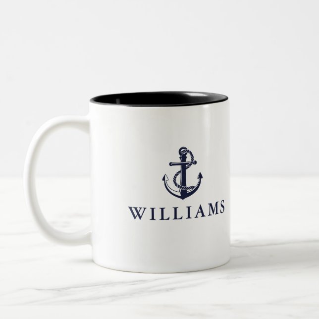 Personalized Name Nautical Boat Anchor Navy Blue Two-Tone Coffee Mug (Left)