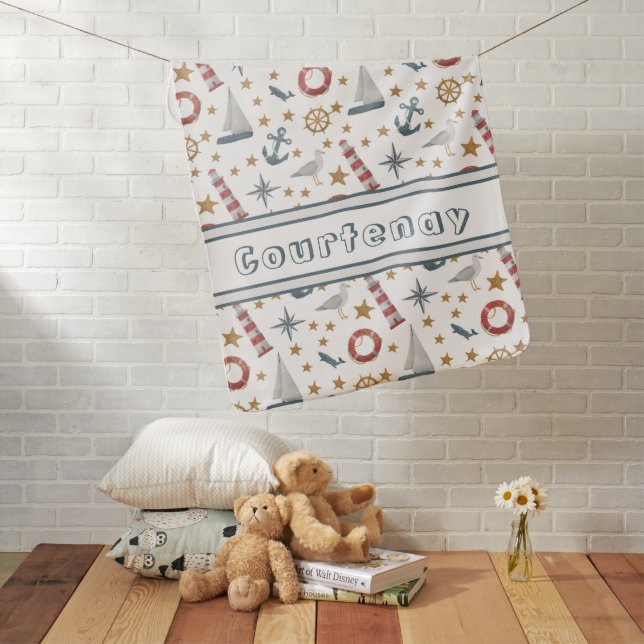 Personalized Name Nautical Ocean Sailboat Baby Blanket (In Situ)