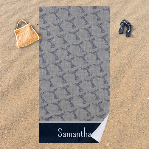 Personalized Name Nautical Whale Tail Art Beach Towel